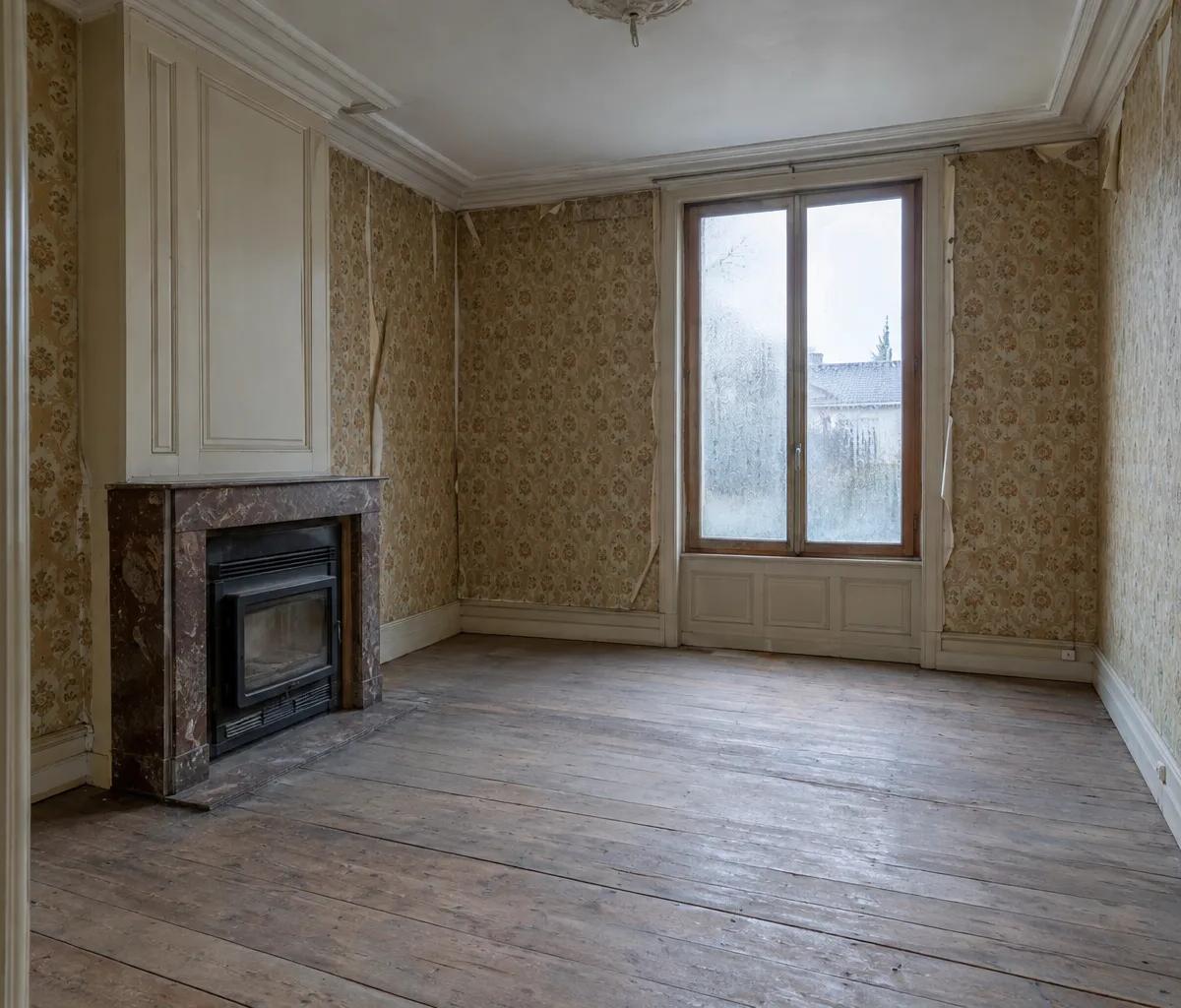 Séjour vide d'une maison à vendre : papier peint décollé, insert de cheminée et simple vitrage embué