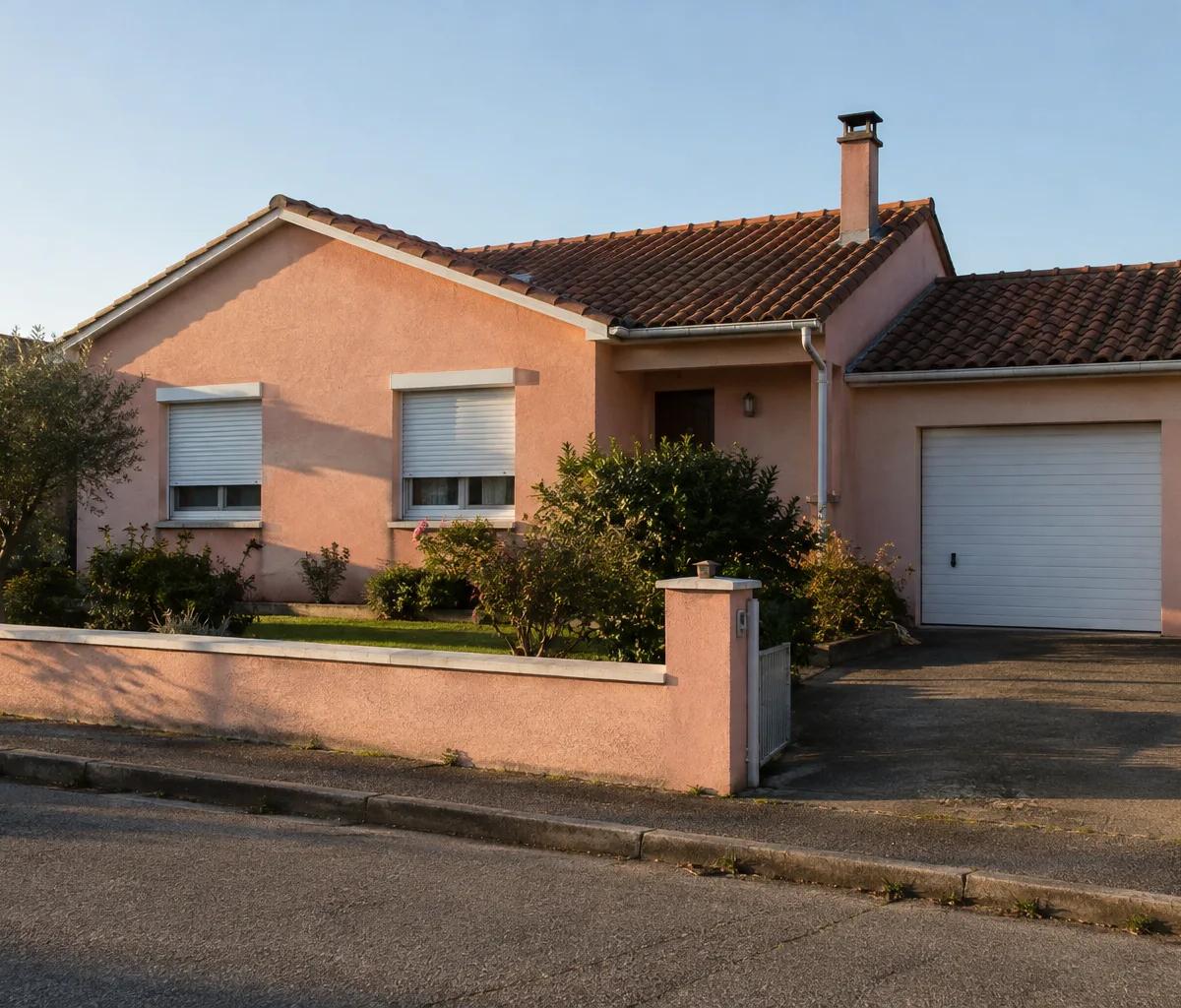 Maison des années 1990 vue de la rue : enduit rose, volets roulants et toit de tuiles canal