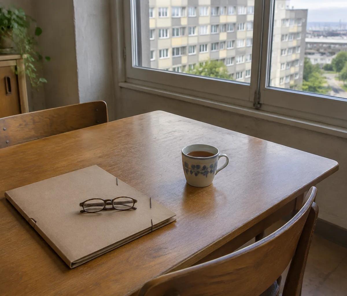 Table de cuisine près d'une fenêtre, avec un dossier fermé, des lunettes et une tasse de thé