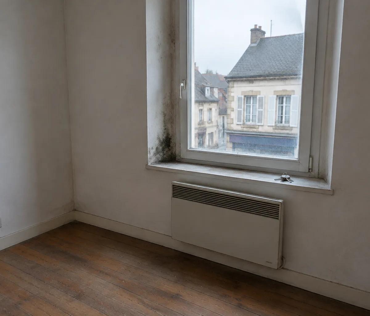 Petit logement vide entre deux locataires : radiateur électrique sous une fenêtre en simple vitrage tachée de moisissure