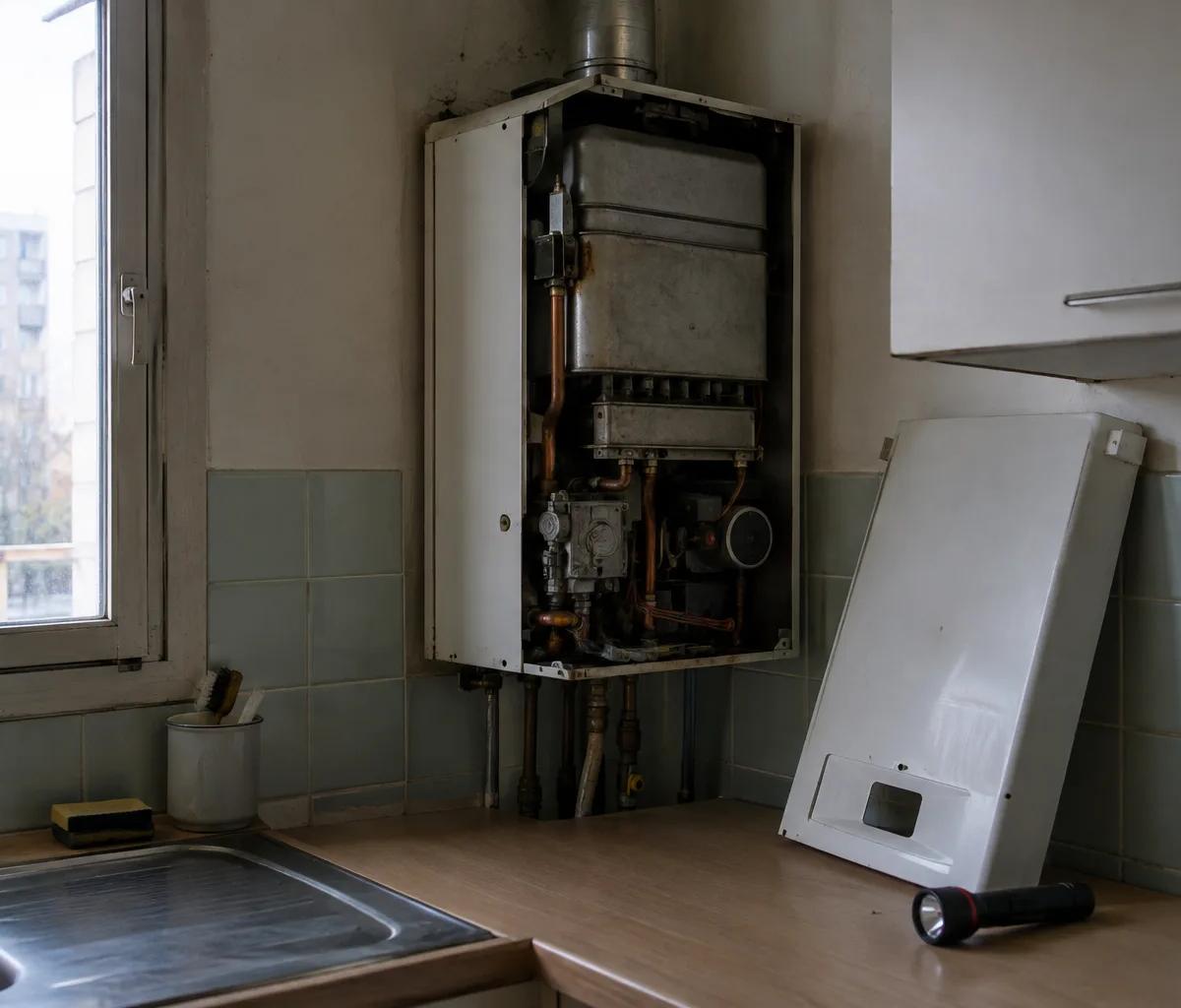 Chaudière murale au gaz, capot déposé pour l'inspection, une lampe torche posée sur le plan de travail