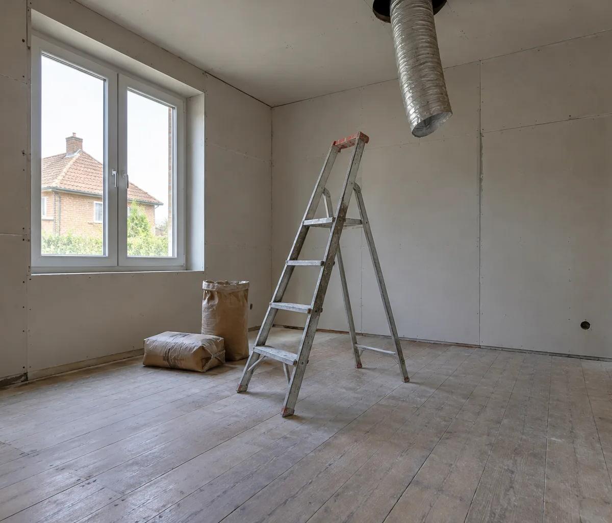 Pièce en pleine rénovation énergétique : murs doublés, fenêtre neuve, gaine de ventilation et sacs d'enduit