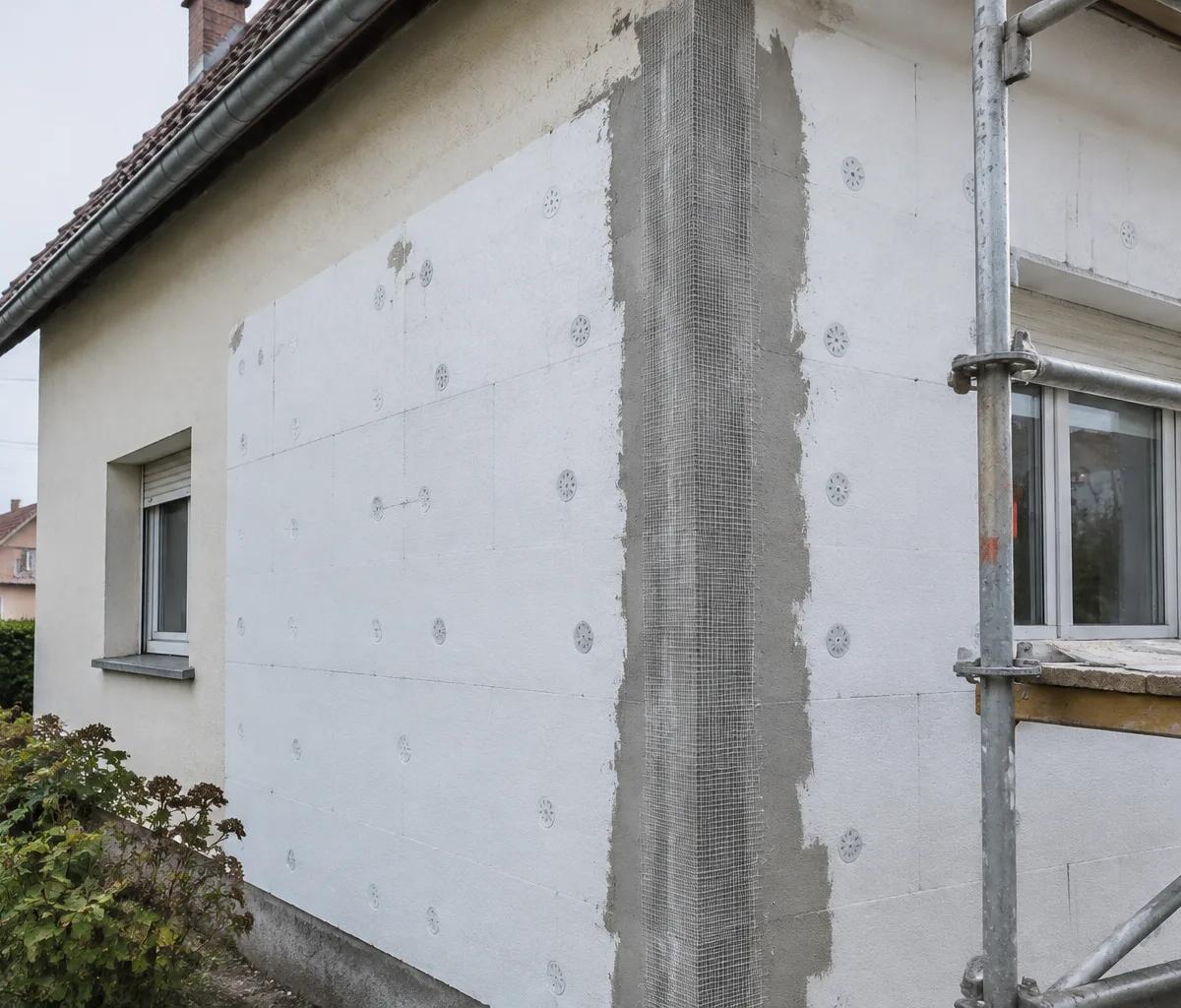Angle d'une maison en cours d'isolation par l'extérieur : panneaux isolants chevillés et premier enduit armé