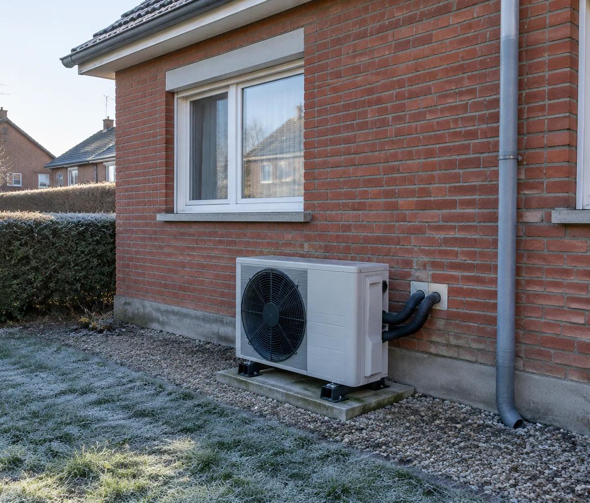 Unité extérieure d'une pompe à chaleur air-eau posée sur une dalle contre le mur d'une maison en briques