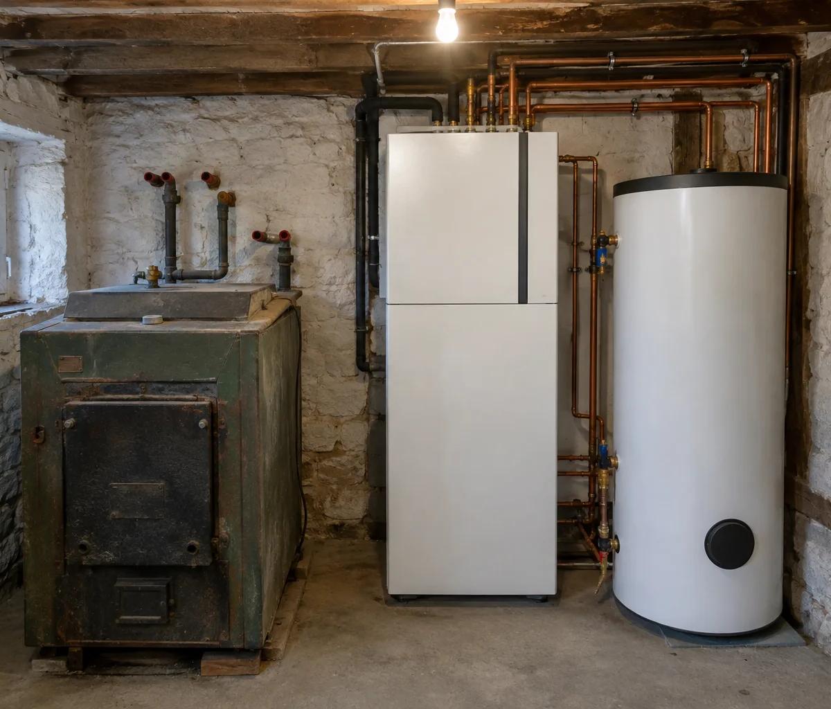 Chaufferie où l'ancienne chaudière fioul débranchée côtoie le module intérieur neuf d'une pompe à chaleur